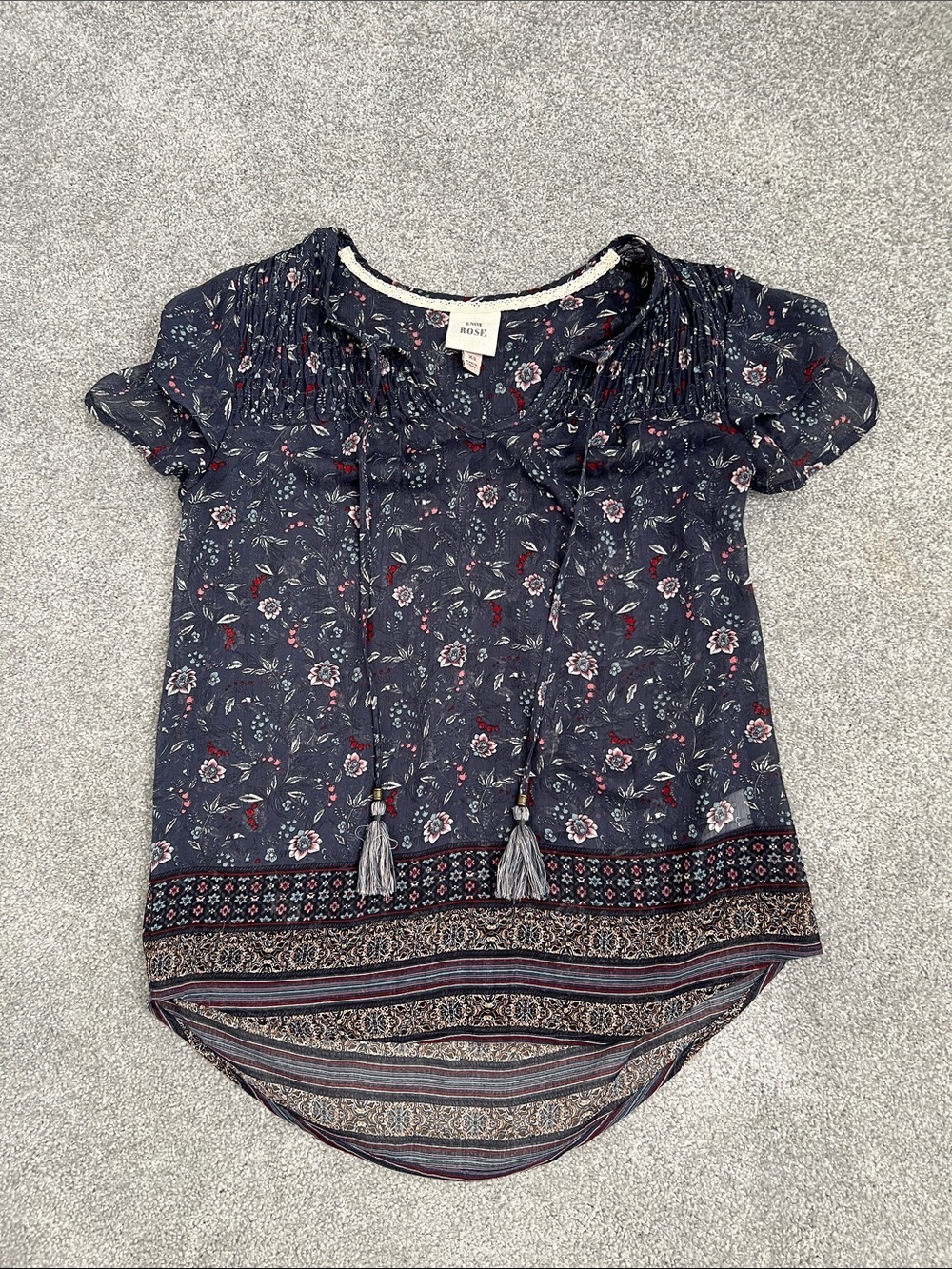 Knox Rose Navy Floral Tassel Peasant Blouse